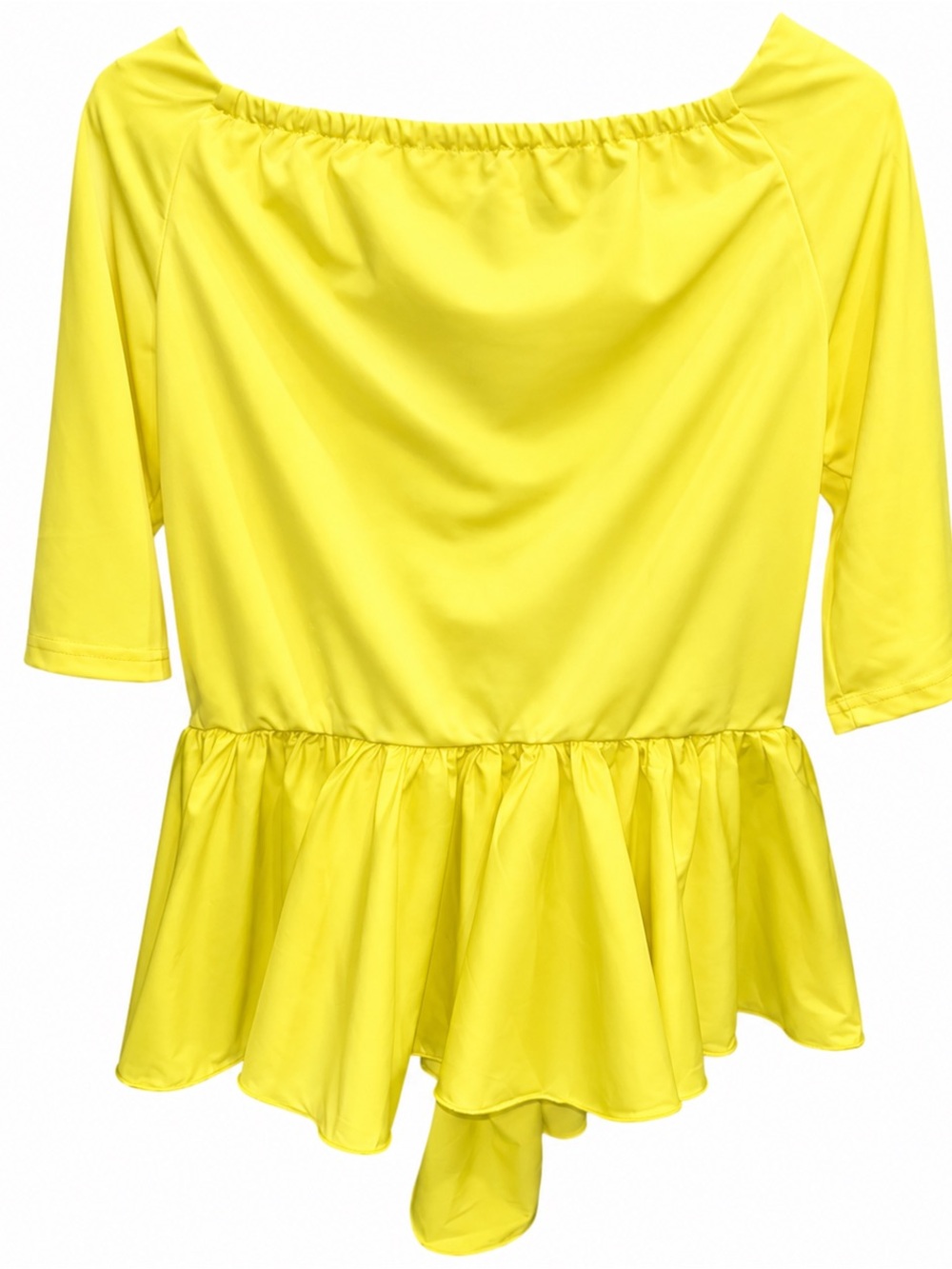 JJ’s Fairyland Yellow Ruffle Peplum Top Size L Off Shoulder Stretchy Blouse NWT - Picture 3 of 4